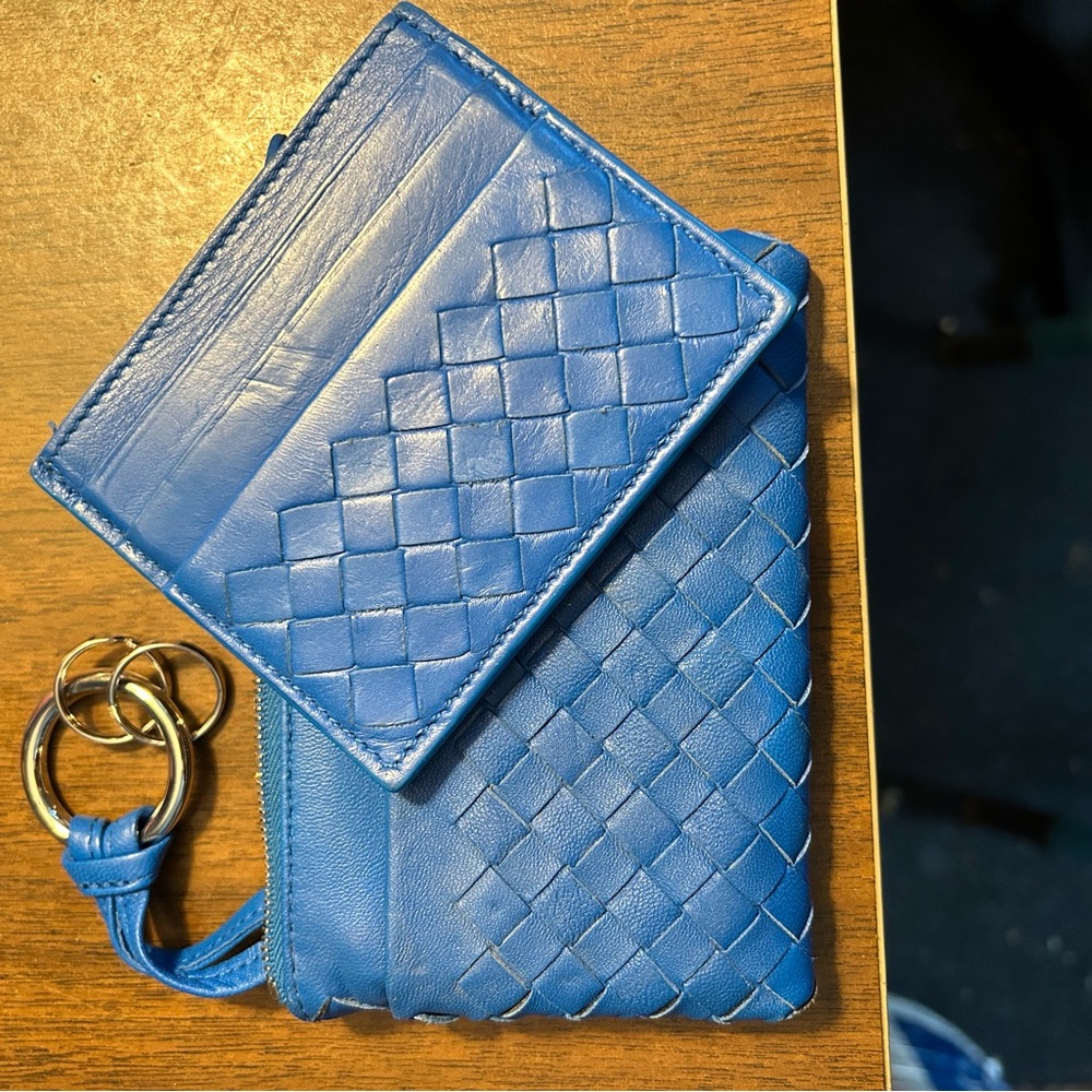 Bottega Veneta Blue Intrecciato Key Ring Zip Pouch with Credit Card Holder